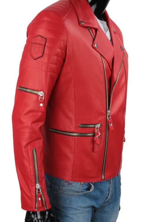 ATN462 - Czerwona Ramoneska Męska Skórzana / logotyp z czarną lamówką na prawym rękawie DORJAN