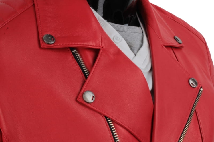 ATN462 - Czerwona Ramoneska Męska Skórzana / klasyczne klapy z dodatkowymi napami do przypięcia DORJAN