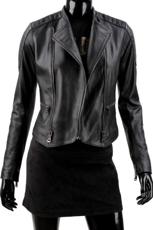 MEL450 - Ramoneska skórzana damska z pikowanymi ramionami z kieszeniami bocznymi DORJAN