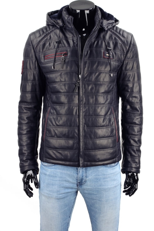 Ciepła kurtka skórzana męska pikowana z granatowej skóry z kapturem odpinanym CM LUIK071A