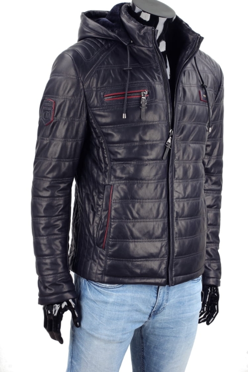 Wszechstronna kurtka skórzana męska pikowana w kolorze ciemnego granatu CM LUIK071A