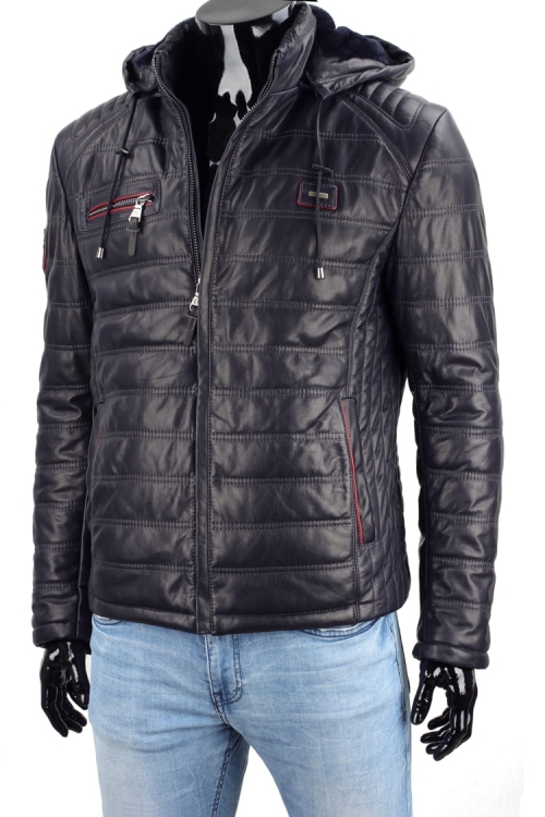 Granatowa kurtka skórzana męska pikowana z lekkim ociepleniem i kapturem CM LUIK071A