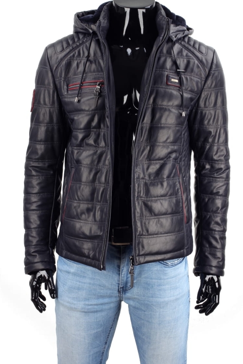 Granatowa kurtka skórzana męska pikowana CM LUIK071A zdjęcie rozpiętej kurtki od przodu
