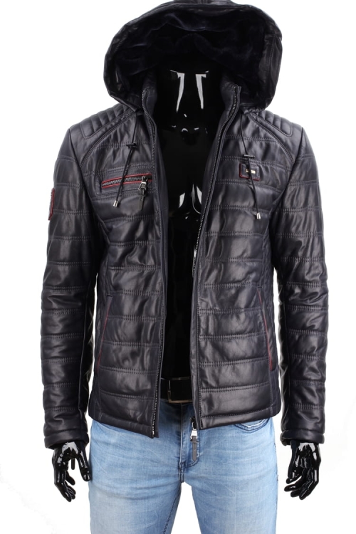 Kurtka skórzana męska pikowana CM LUIK071A zdjęcie przodu kurtki z założonym kapturem