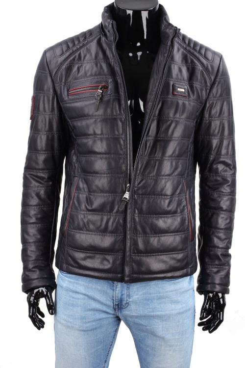 Kurtka skórzana pikowana męska z granatowej skóry z odpiętym kapturem CM LUIK071A