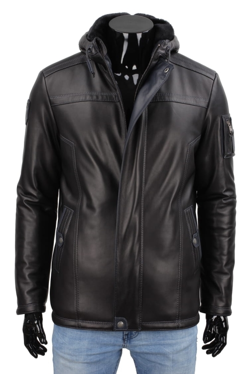 AMD 450_1 - Czarna Kurtka skórzana męska PREMIUM z granatowymi wykończeniami CARLO MONTI