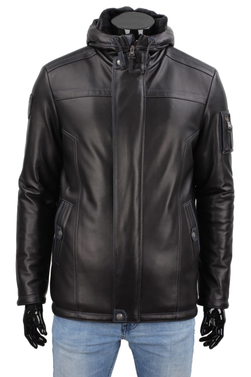 AMD 450_1 - Ocieplana Kurtka skórzana męska na zimę z czarnej skóry naturalnej CARLO MONTI