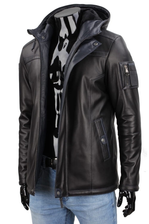 AMD 450_1 - Zimowa Kurtka skórzana męska PREMIUM z kapturem i ozdobnymi przeszyciami CARLO MONTI