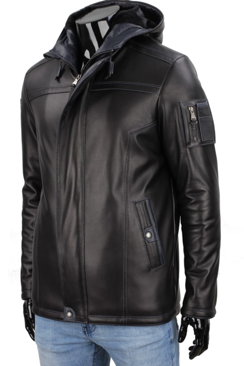AMD 450_1 - Zapięta Kurtka skórzana męska ocieplana PREMIUM z praktycznymi kieszeniami CARLO MONTI