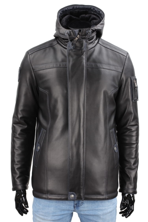 AMD 450_1 - Zimowa Kurtka skórzana męska z kapturem i ciepłą stójką, zapięta pod szyję CARLO MONTI