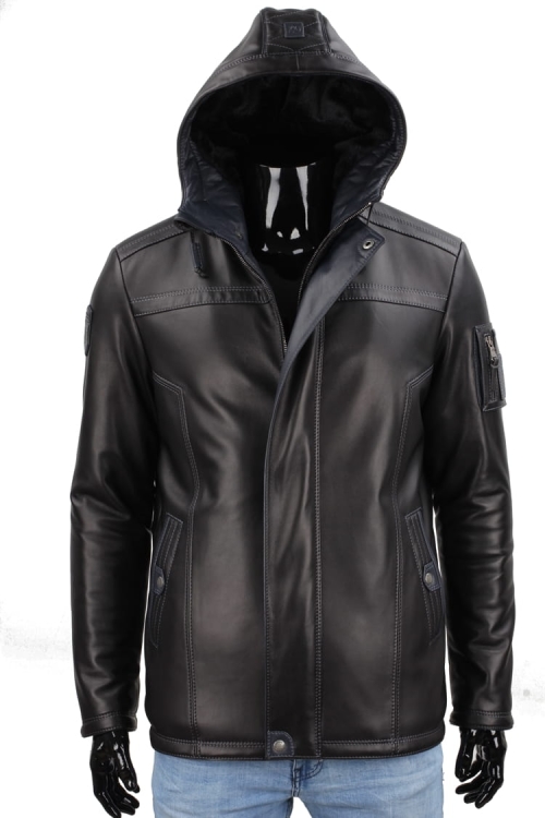 AMD 450_1 - Ocieplana Kurtka skórzana męska PREMIUM z założonym kapturem CARLO MONTI