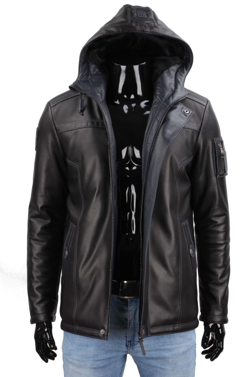 AMD450_1 - Ciepła Kurtka skórzana męska PREMIUM z wysokiej jakości kapturem skórzanym CARLO MONTI