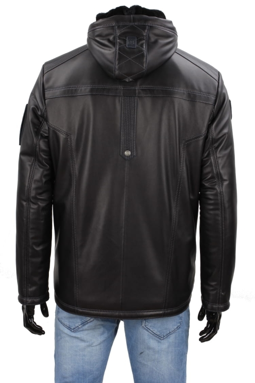 AMD450_1 - Zimowa Kurtka skórzana męska PREMIUM tył kurtki z kapturem i przeszyciami CARLO MONTI