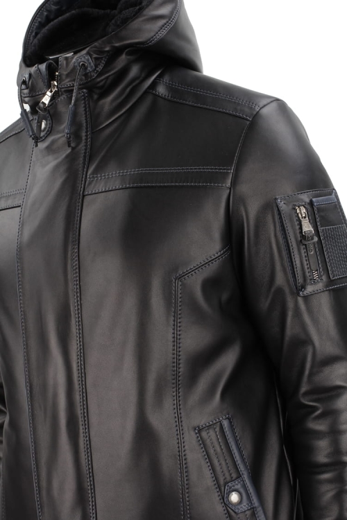 AMD450_1 - Ciepła Kurtka skórzana męska PREMIUM z detalami przeszyć i kieszeni na przedzie CARLO MONTI