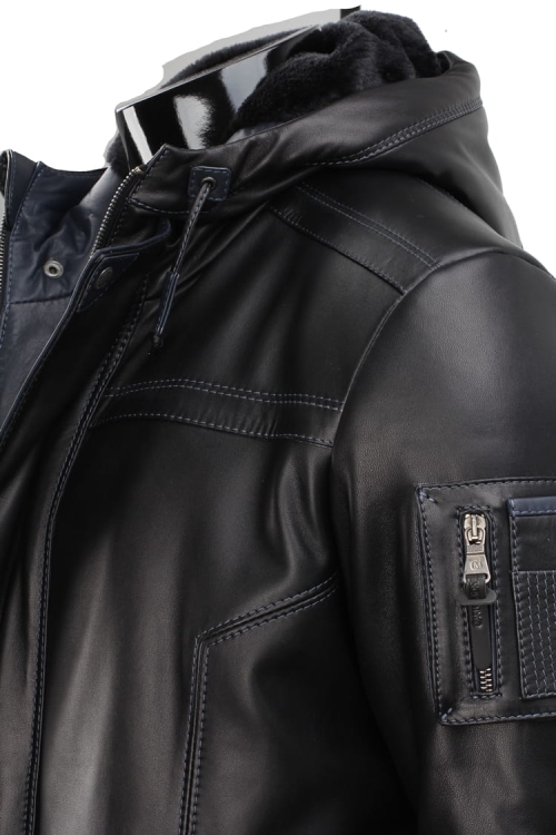 AMD450_1 - Ciepła Kurtka skórzana męska PREMIUM z pełnymi detali kieszeniami CARLO MONTI