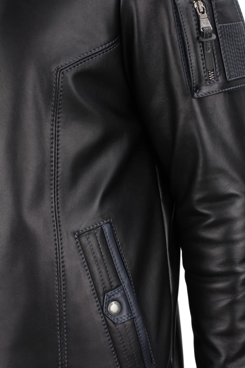 AMD450_1 - Ciepła Kurtka skórzana męska PREMIUM Detale kieszeni zewnętrznych CARLO MONTI