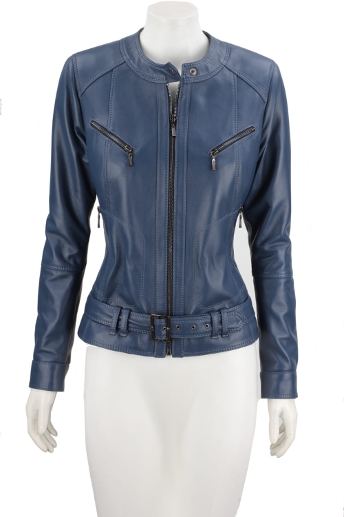 SAR073 - niebieska kurtka skórzana damska z paskiem na klamrę DORJAN