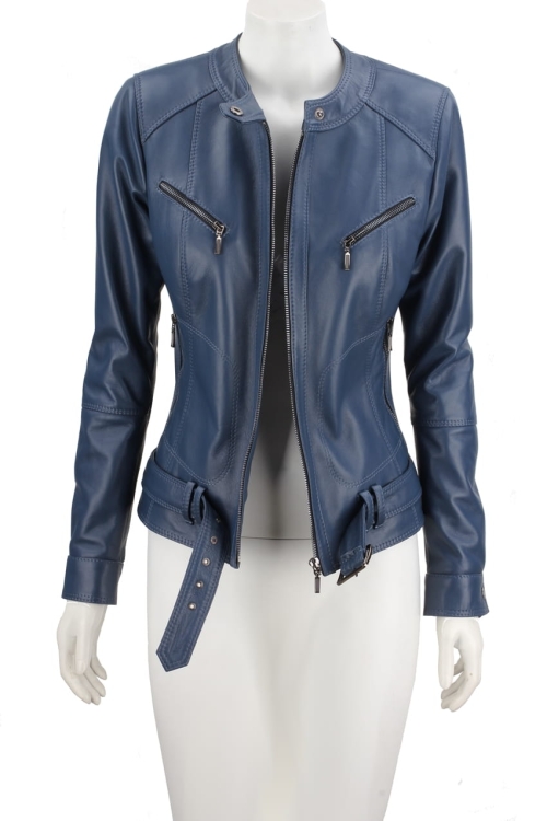 SAR073 - niebieska kurtka skórzana damska z paskiem na klamrę zapinana na zamek DORJAN