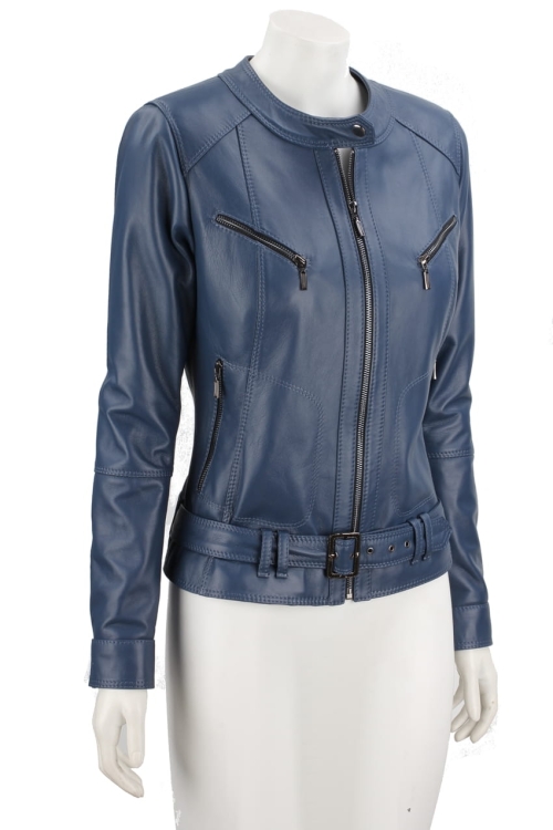 SAR073 - niebieska kurtka skórzana damska z paskiem na klamrę z prostymi rękawami DORJAN