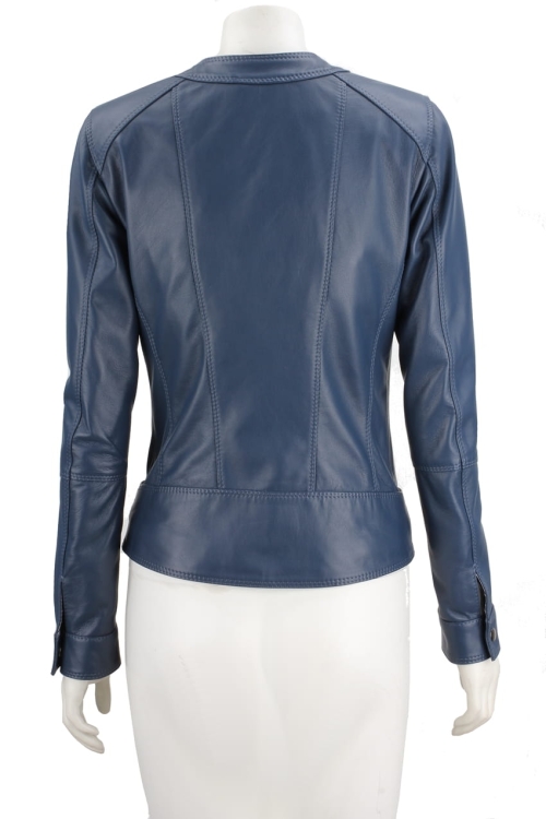 SAR073 - niebieska kurtka skórzana damska z paskiem na klamrę ze stójką DORJAN