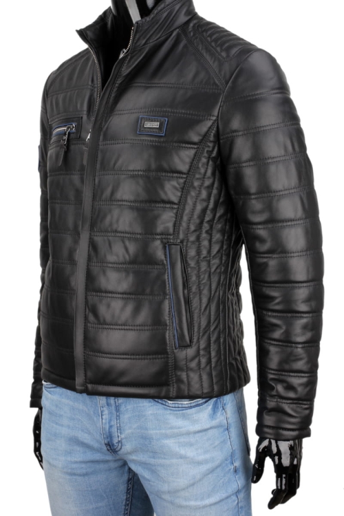 czarna kurtka skórzana męska pikowana z niebieskimi dodatkami  DORJAN CM LUI450_2