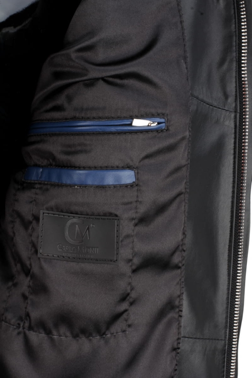 kieszeń wewnętrzna kurtki ze skóry, z logotypem i niebieskim wykończeniem DORJAN CM LUI450_2