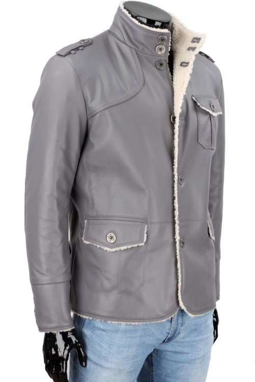 ELV102 - Kurtka skórzana męska z szarej, naturalnej skóry licowej, ocieplana kożuchem eko DORJAN