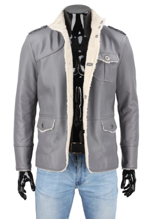 ELV102 - Szara kurtka skórzana męska z naturalnej skóry owczej z podszyciem z kożucha eko DORJAN
