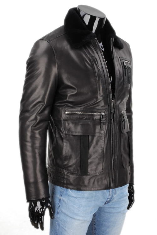 PLT450K - Czarna pilotka skórzana męska z dużą ilością zapinanych na zamek kieszeni DORJAN