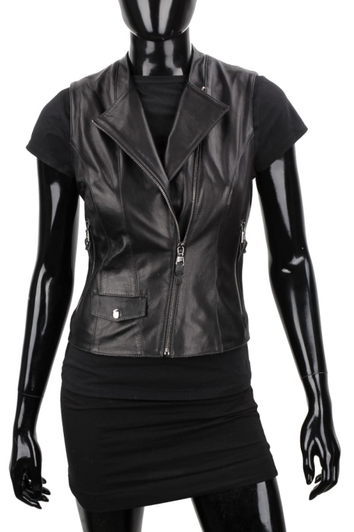 KRY450 - kamizelka skórzana damska z asymetrycznym zapięciem z klasycznymi klapami DORJAN