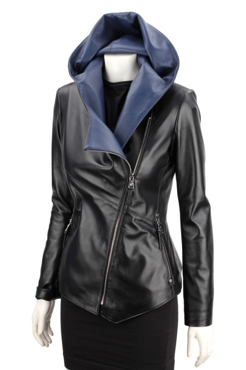 FRI450N_A Kurtka z naturalnej skóry owczej / damska / przejściowa / ukośny zamek / z kieszeniami / z odwijanymi klapami / w kolorze policyjnym / elegancka / stylowa / codzienna DORJAN