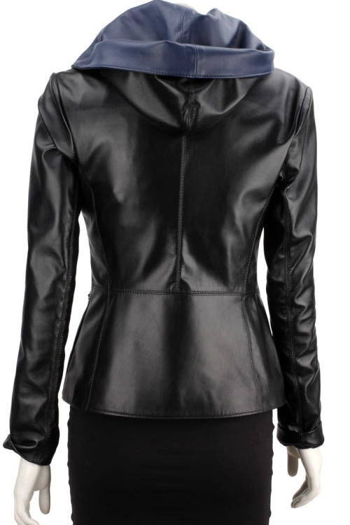 FRI450N_A Kurtka skórzana damska / jesienna / z kapturem / w kolorze szafirowym / estetyczne szwy / gładka / prosta / matowa / DORJAN