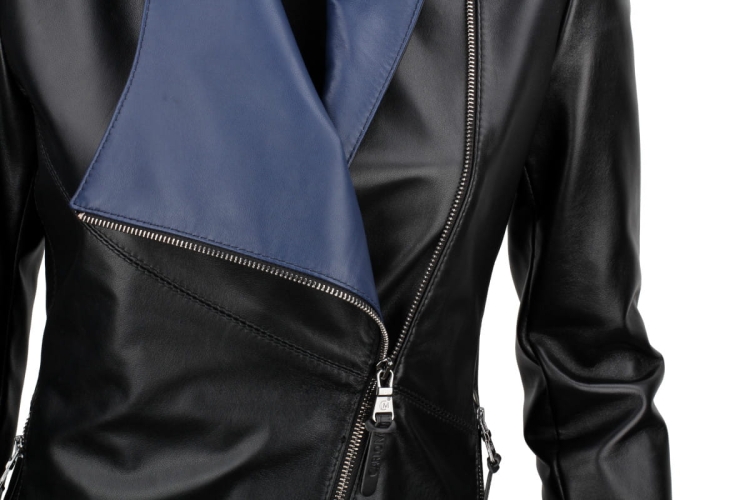 FRI450N_B Kurtka skóra owcza / damska / szafirowa / dekolt V / z odchylonym kołnierzem / z klapą / taliowana / elegancki / w kolorze mundurowym / DORJAN