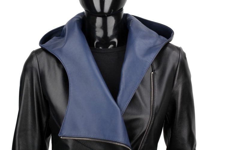 FRI450N_B Kurtka z naturalnej skóry / damska / nietypowy kołnierz / z zamkiem na piersi / z granatową skórą w środku / DORJAN