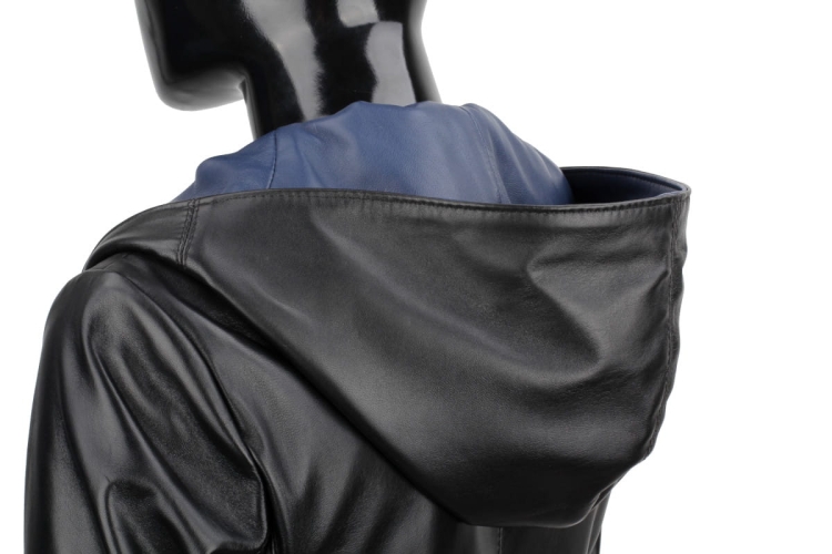 FRI450N_B Kurtka z naturalnej skóry owczej / damska / kobaltowy kaptur od środka / szeroki / nieodpinany / czarny / DORJAN