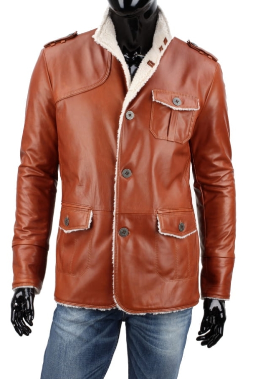 ELV090 - Kurtka skórzana męska z brązowo - ceglastej skóry, podszyta jasnym kożuchem eko DORJAN