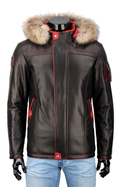 AMDO450_1 - Zimowa Kurtka skórzana męska PREMIUM z ociepleniem i odpinanym kapturem DORJAN