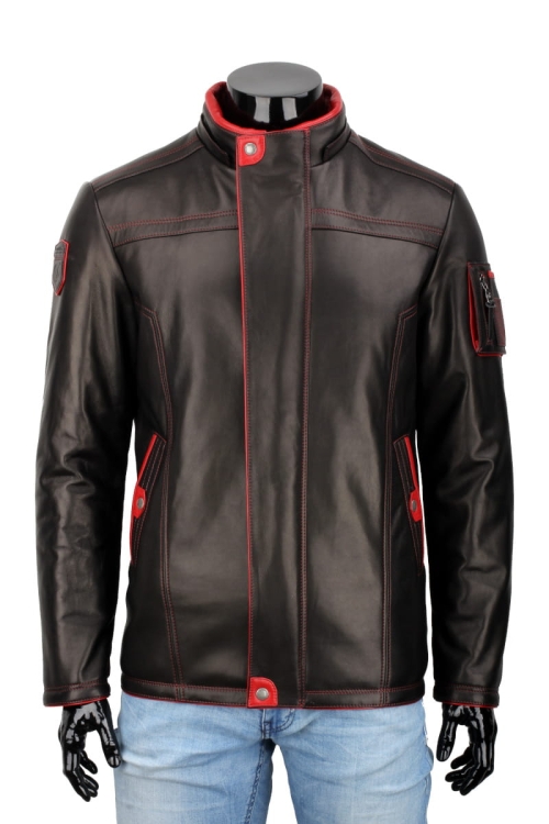 AMDO450_1 - Ciepła Kurtka skórzana męska PREMIUM z wysoką stójką i odpiętym kapturem DORJAN