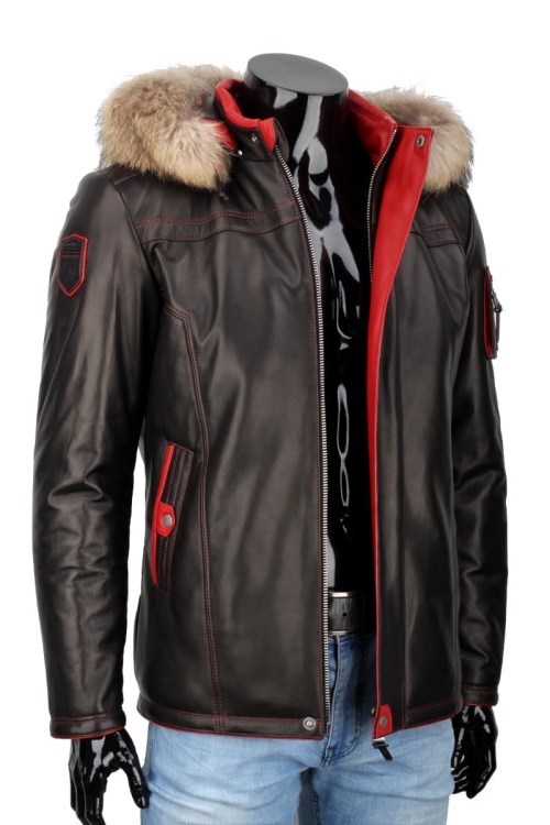 AMDO450_1 - Ocieplona Kurtka skórzana męska PREMIUM z kapturem i naturalnym futerkiem z jenota DORJAN