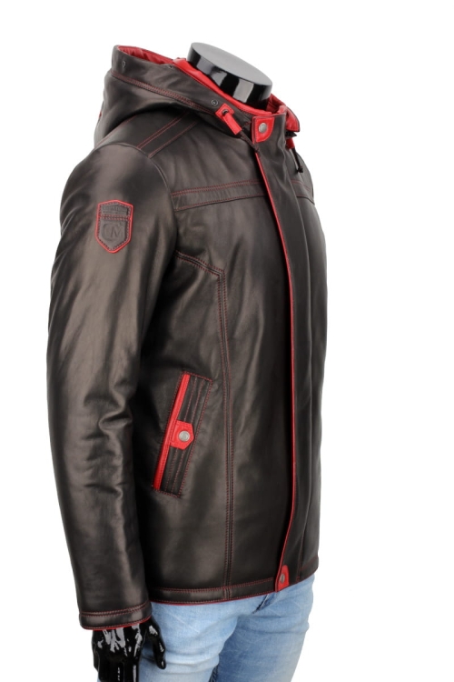 AMDO450_1 - Zimowa Kurtka skórzana męska PREMIUM z czarnej skóry z czerwonymi dodatkami DORJAN