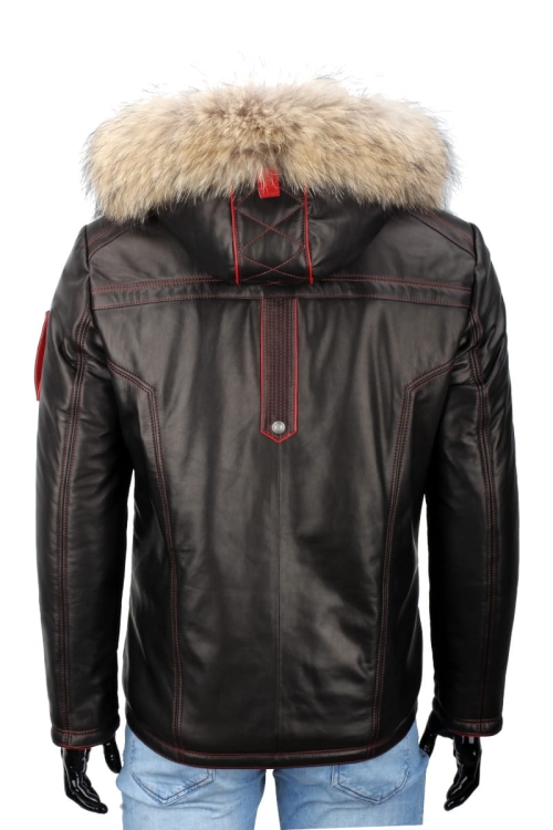 AMDO450_1 - Zimowa Kurtka skórzana męska PREMIUM plecy i kaptur z szerokim futerkiem naturalnym DORJAN