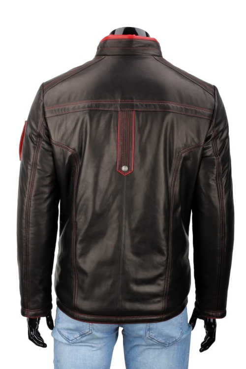 AMDO450_1 - Ciepła Kurtka skórzana męska PREMIUM plecy z odpiętym kapturem i widoczną stójką  DORJAN