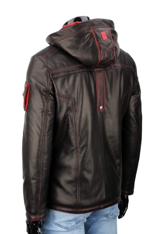 AMDO450_1 - Kurtka skórzana męska PREMIUM plecy z widocznymi detalami przeszyć kaptura DORJAN