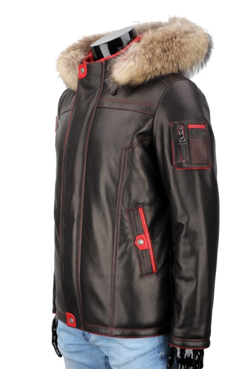 AMDO450_1 - Zimowa Kurtka skórzana męska PREMIUM z szerokim futerkiem z jenota na kapturze DORJAN