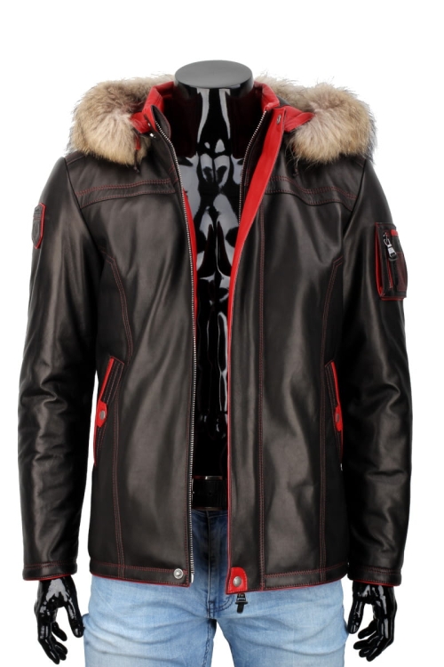 AMDO450_1  - Zimowa Kurtka skórzana męska PREMIUM z rozpiętym zamkiem głównym DORJAN