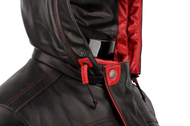 AMDO450_1 - Kurtka skórzana męska PREMIUM detale kaptura po odpięciu obszycia z jenota DORJAN