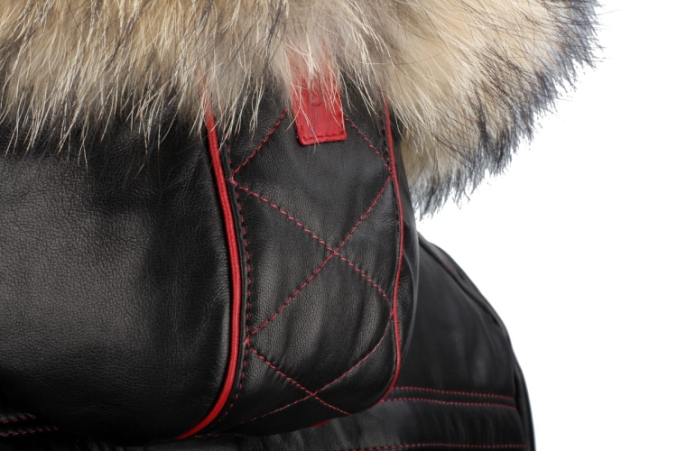 AMDO450_1  - Ciepła Kurtka skórzana męska PREMIUM drobne szczegóły pikowania i wykończenia kaptura DORJAN