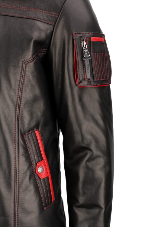 AMDO450_1 - Zimowa Kurtka skórzana męska PREMIUM detale kieszonki na lewym ramieniu kurtki DORJAN