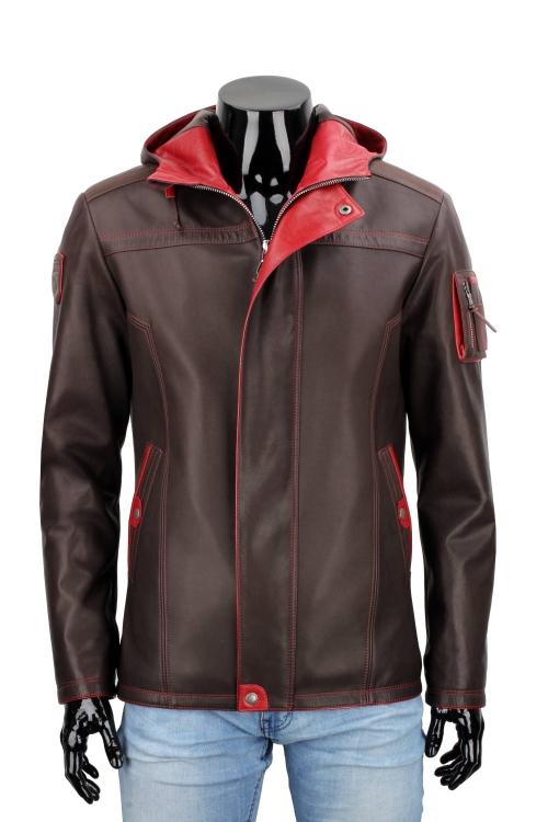 AMDU122B - Skórzana brązowa kurtka męska z kapturem PREMIUM idealna na wiosnę i jesień DORJAN