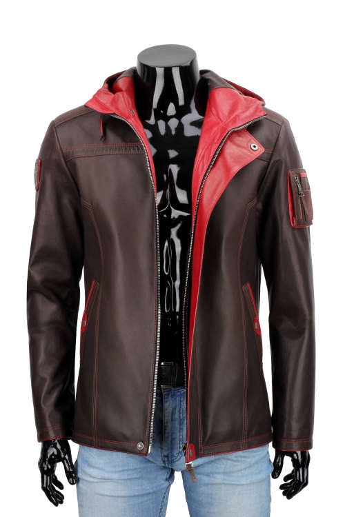 AMDU122B - Skórzana brązowa kurtka męska z kapturem PREMIUM zapinana na zamek z listwą skórzaną DORJAN